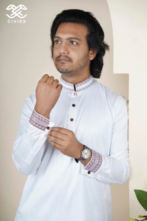 Premium Pearl White Jacquard Punjabi