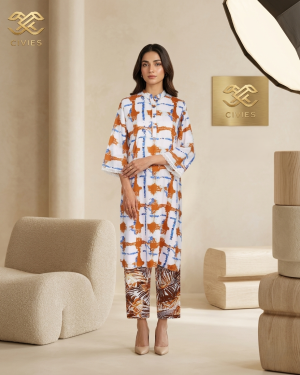 Two Piece Set Cotton Orange Blue Brush Pattern