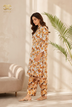 Two Piece Set Cotton Orange Leaf Pattern